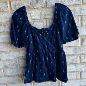 Madewell Blue Jacquard Puff Short Sleeve V-Neck Top Women's Size S.